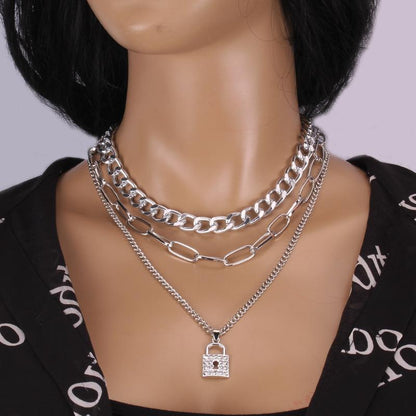 Temperamental metal layered exaggerated retro jewelry trendy temperament personality hip-hop metal lock necklace with diamonds