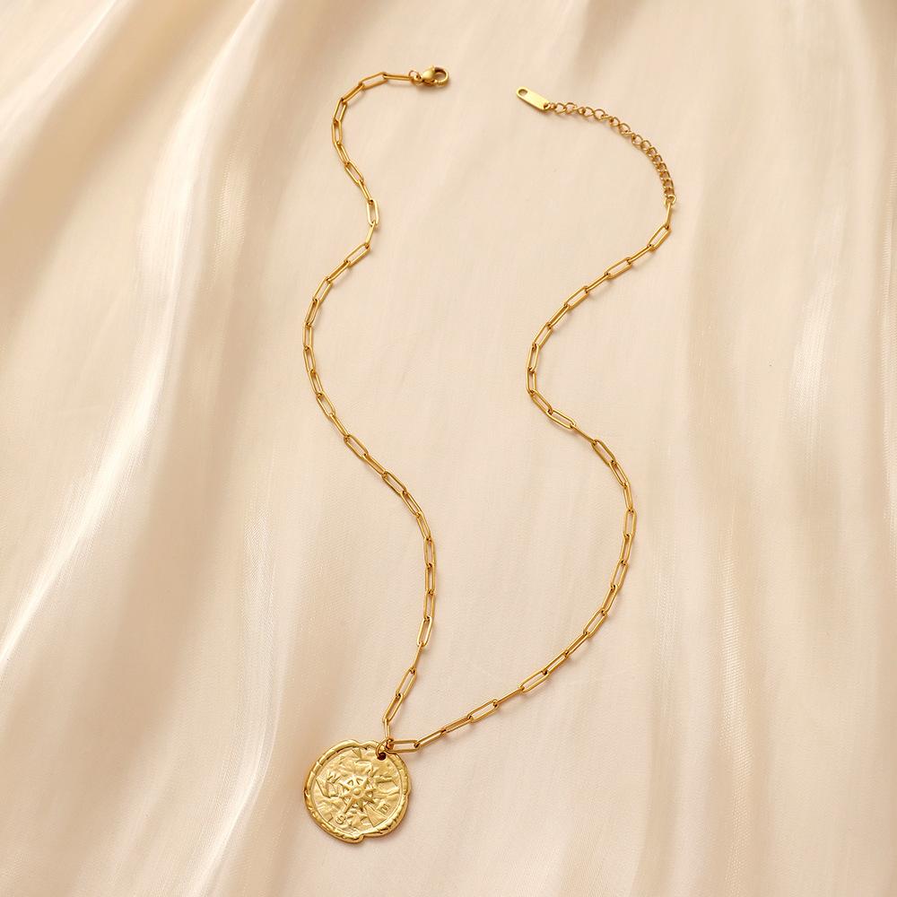Versatile Stainless Steel Gold Round Coin Vintage Compass Necklace Original Design Female