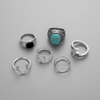 Simple Ins cold silver ring fashion personality men's blue turquoise wrench antlers multi-piece ring set