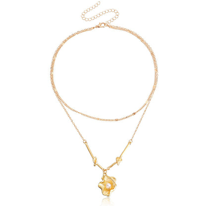 Jewelry trend double-layer imitation pearl geometric shaped pendant necklace female niche design sense