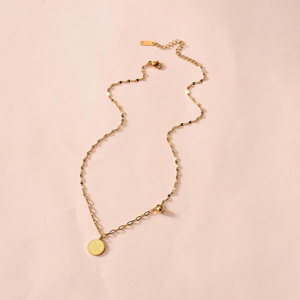 Fashionable stainless steel gold-plated pendant simple round plate LOVE letter pendant all-match small ball necklace