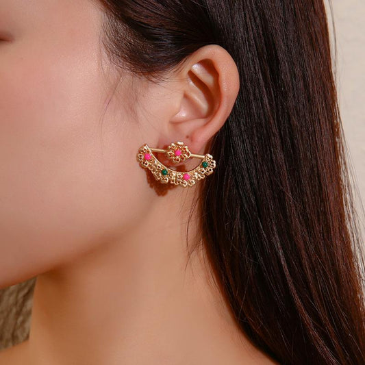 Ethnic fashion metal flower earrings temperament hollow fan-shaped earrings palace niche ear jewelry