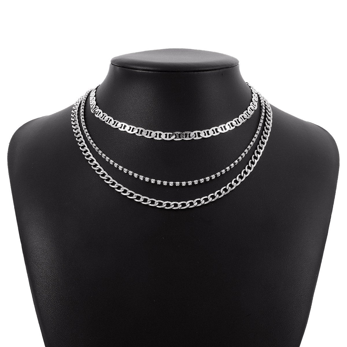 1675 Retro Stacked Hip-Hop Multilayer Necklace Exaggerated Metal Sweet Cool Street Shot Geometric Rhinestone Necklace