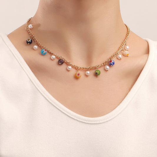 Jewelry punk simple colorful glass flower imitation pearl pendant necklace female ins necklace