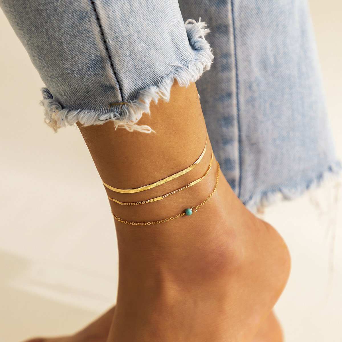 Jewelry beach multi-layer snake bone chain turquoise anklet simple all-match thin chain metal foot jewelry for women