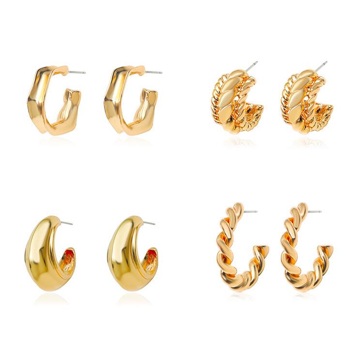 Ins geometric C-shaped hoop earrings female retro exaggerated personality metal braided earrings punk hip-hop earrings
