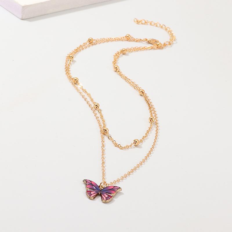 Double Bead Chain Colorful Butterfly Necklace Dreamy Butterfly Clavicle Chain Trendy Women's Jewelry Short Chain