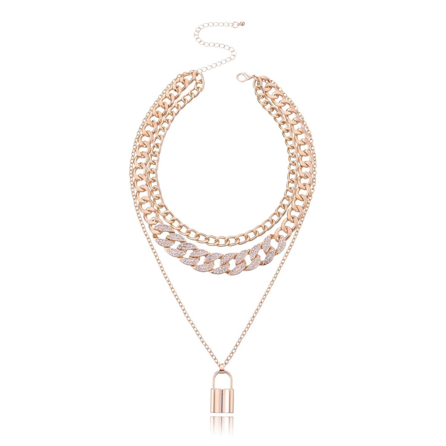 Geometric Metal Lock Pendant Necklace Femininity Versatile Multi-layer Full Diamond Chain Necklace