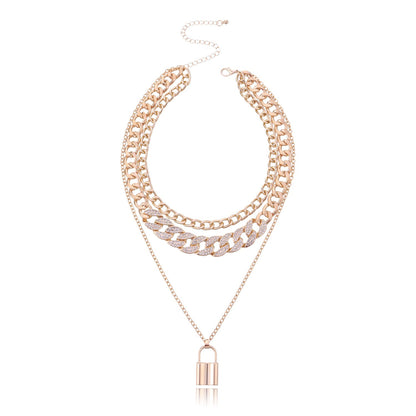 Geometric Metal Lock Pendant Necklace Femininity Versatile Multi-layer Full Diamond Chain Necklace