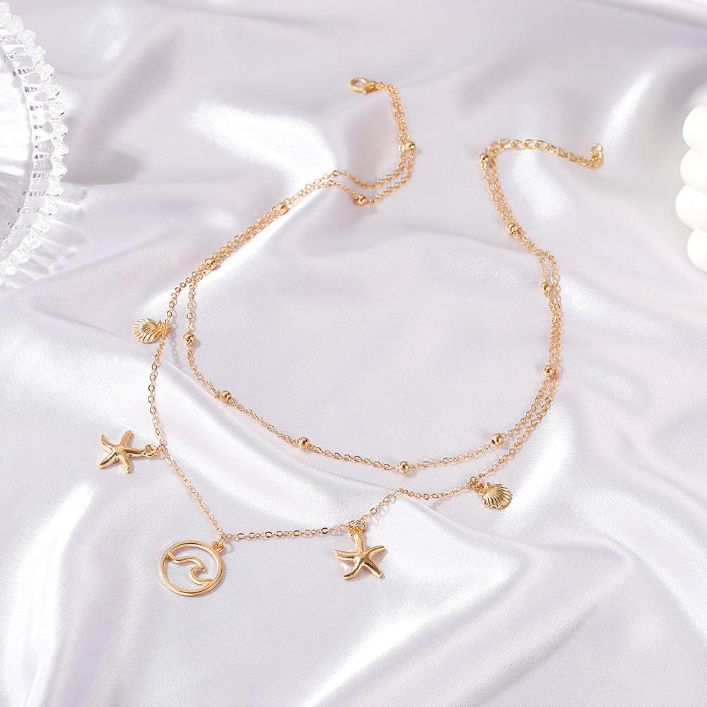 Double-layer starfish necklace ins fashion wave shell pendant clavicle chain personality long sweater chain