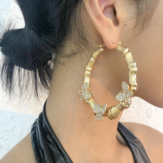 E983 Exaggerated Personality Earrings Retro Micro-inlaid Bamboo Butterfly Earrings Fashion Temperament Earrings Women