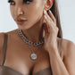 Double-layer thick aluminum chain geometric round diamond-studded tree of life black and white mother-of-pearl pendant necklace trendy cool all-match sweater chain women
