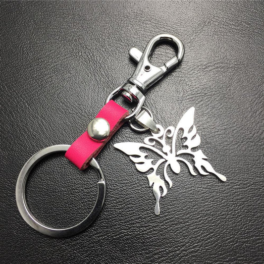 Men and Women Jewelry Titanium Steel Pendant Stainless Steel Hollow Butterfly Pendant Leather Keychain