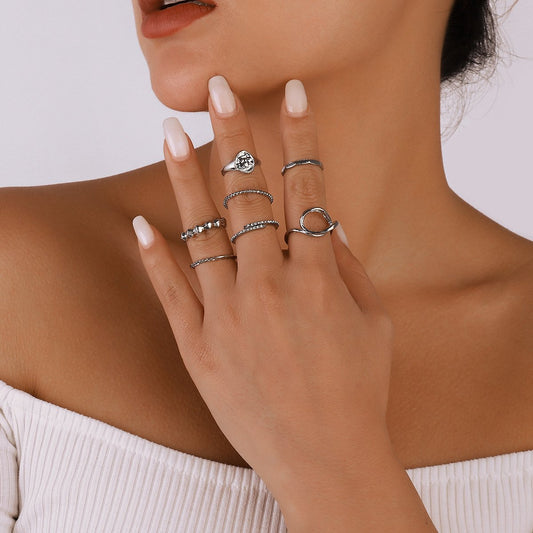 R777 retro old simple geometric joint ring cold creative rhinestone fashion ring set female