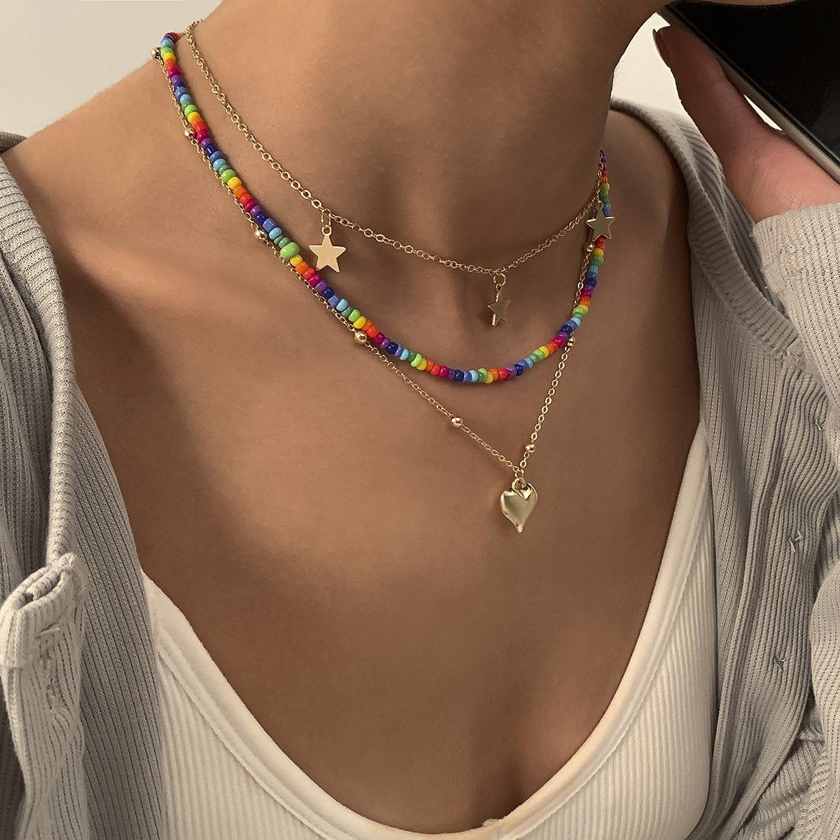 Beach Vacation Colorful Rice Beads Beaded Necklace Female Simple Small Peach Heart Star Clavicle Necklace