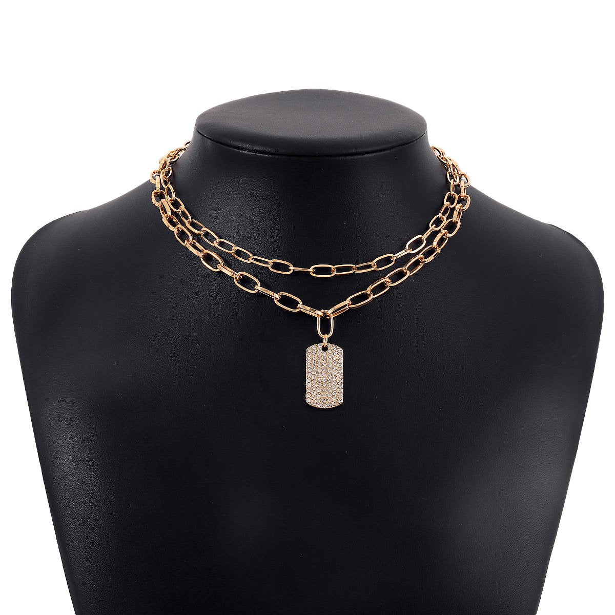 1289 Hip Hop Double Layer Necklace Exaggerated Chain Square Brand Full Diamond Geometric Necklace Literary Personality Necklace