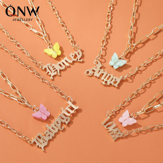 Double Layer Acrylic Butterfly Necklace Fashion Alphabet Angel Pendant Babygirl English Alphabet Necklace