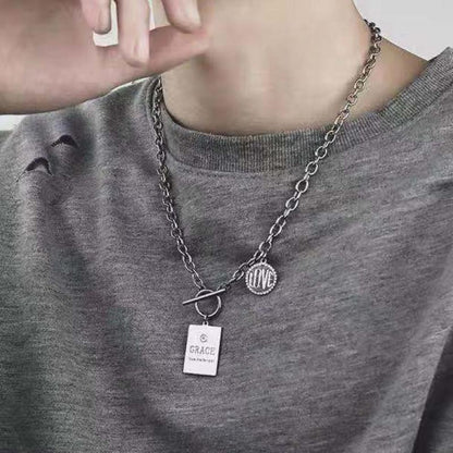 Harajuku dark round square brand combination letter stainless steel OT buckle necklace titanium steel clavicle chain tide for men and women