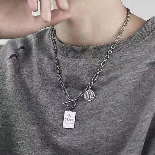 Harajuku dark round square brand combination letter stainless steel OT buckle necklace titanium steel clavicle chain tide for men and women