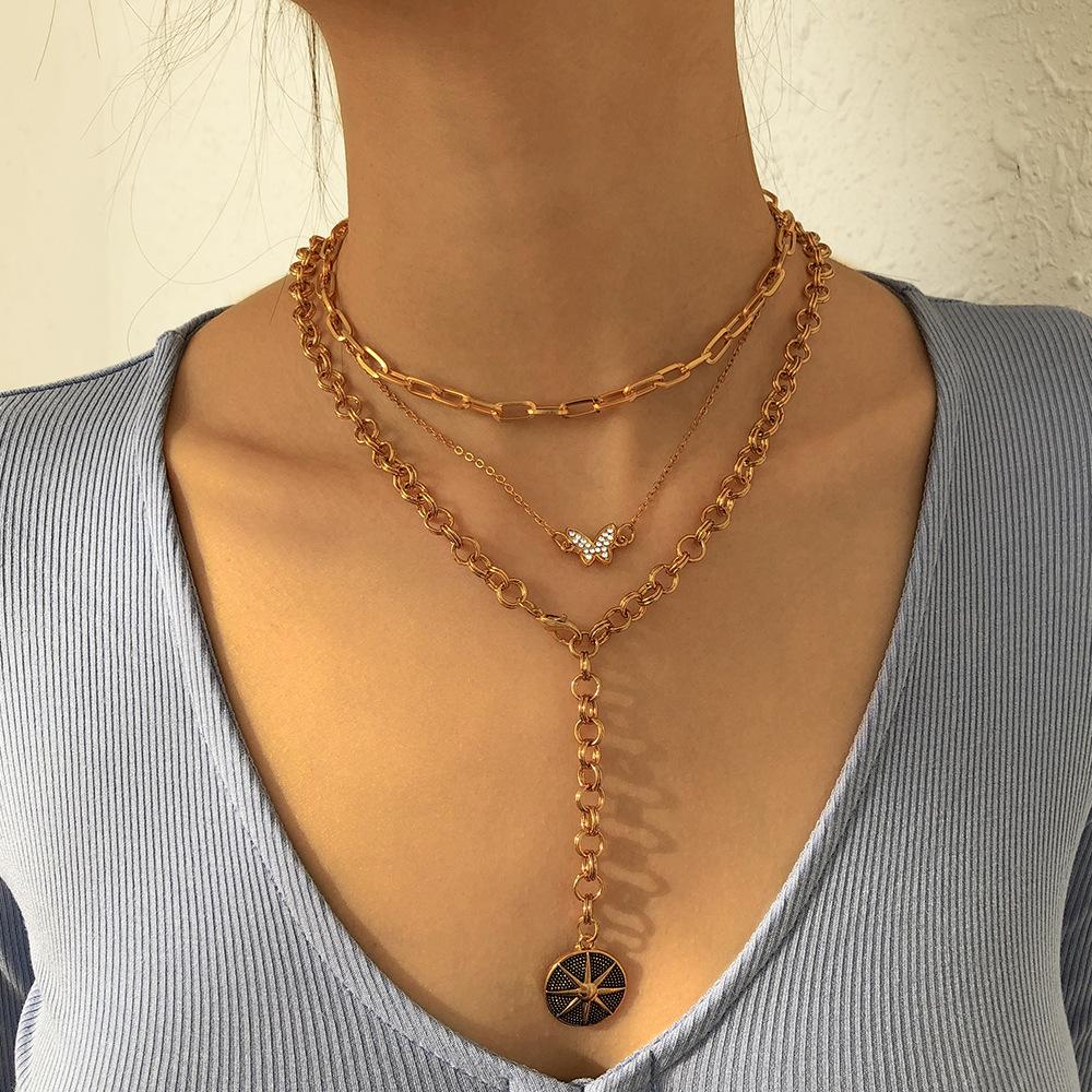 N8872 Multi-layered Necklace Octagram Butterfly Micro-inlaid Necklace Retro Exaggerated Chain Personality Necklace