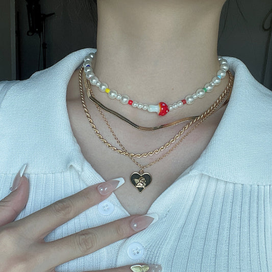 Jewelry Temperament Mushroom Imitation Pearl Multi-layer Necklace Simple Angel Heart-shaped Multi-layer Necklace