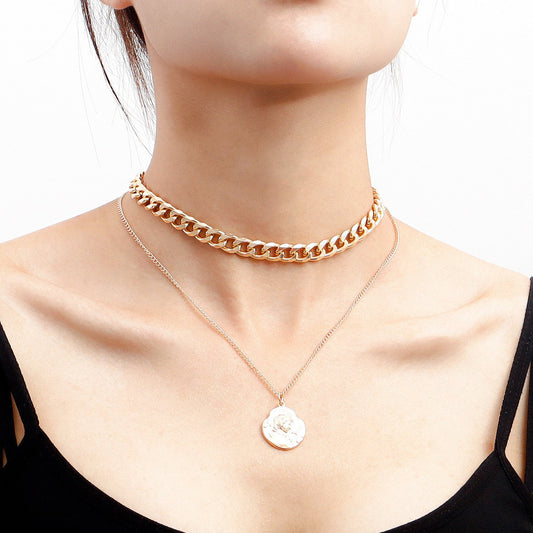 Jewelry retro double-layer geometric aluminum chain knight shield pendant necklace female ins niche