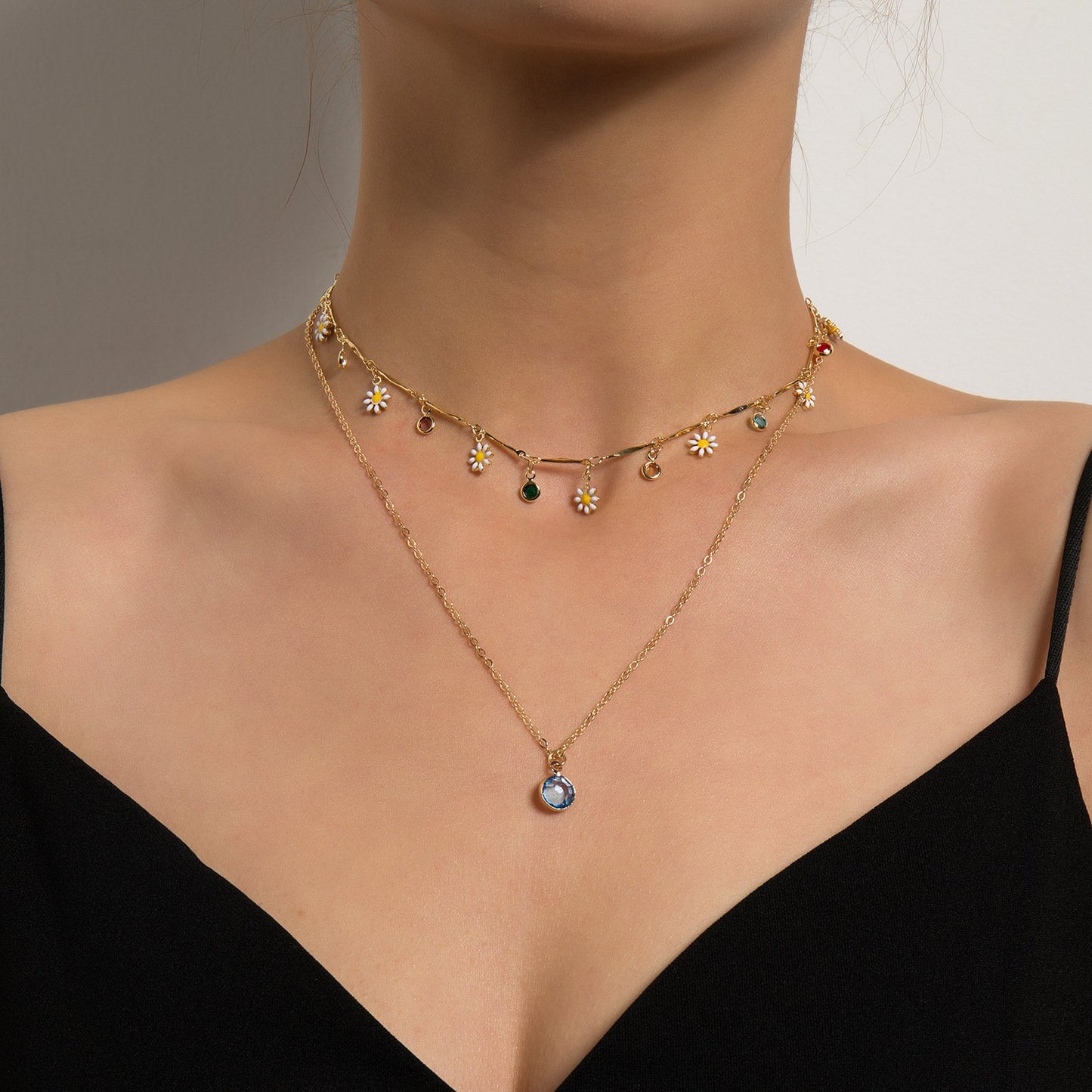 Jewelry fashion simple multi-layer daisy drop glaze necklace personalized multicolored gemstone diamond pendant