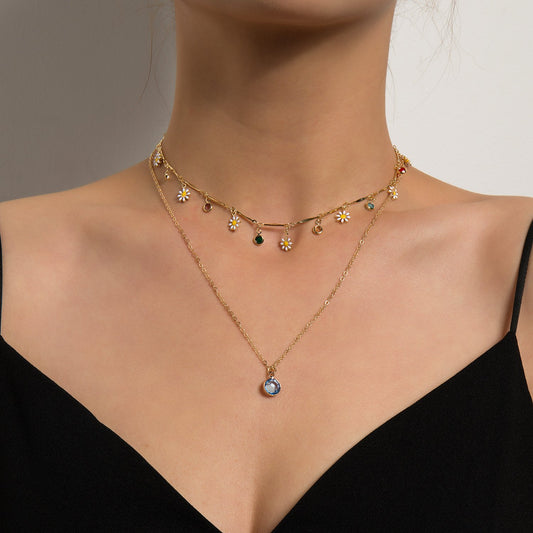 Jewelry fashion simple multi-layer daisy drop glaze necklace personalized multicolored gemstone diamond pendant