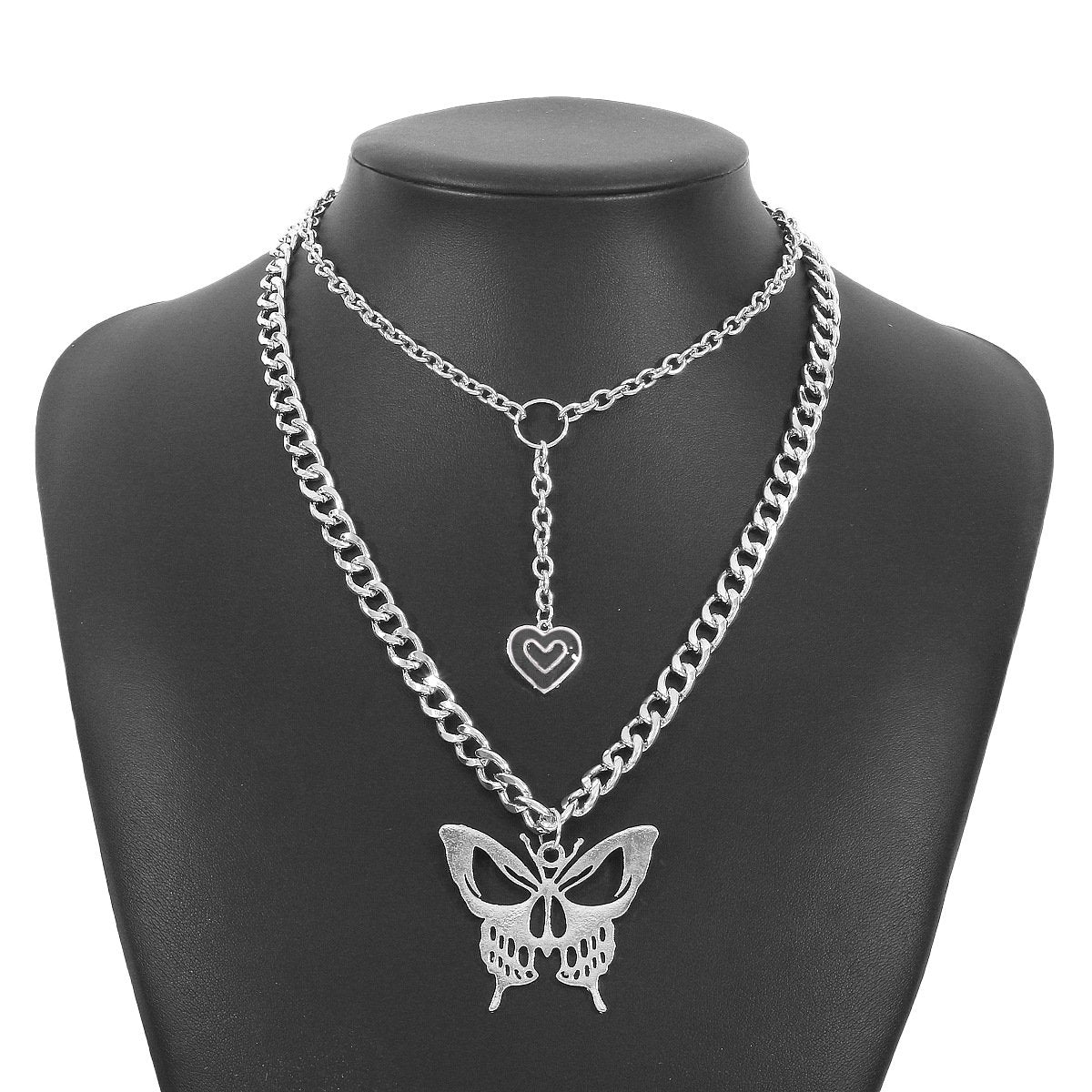 N9983 Exaggerated Punk Chain Necklace Creative Hollow Butterfly Drip Oil Heart Necklace Double Stacked Necklace