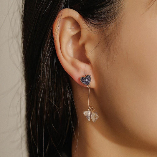 Fashion heart-shaped cute purple gravel earrings temperament long heart tassel rough stone ladies earrings jewelry