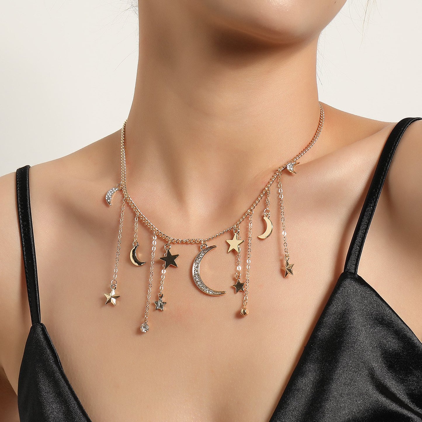 Jewelry Ladies Full Diamond Crescent Pentagram Pendant Necklace Rhinestone Tassel Short Sweater Necklace