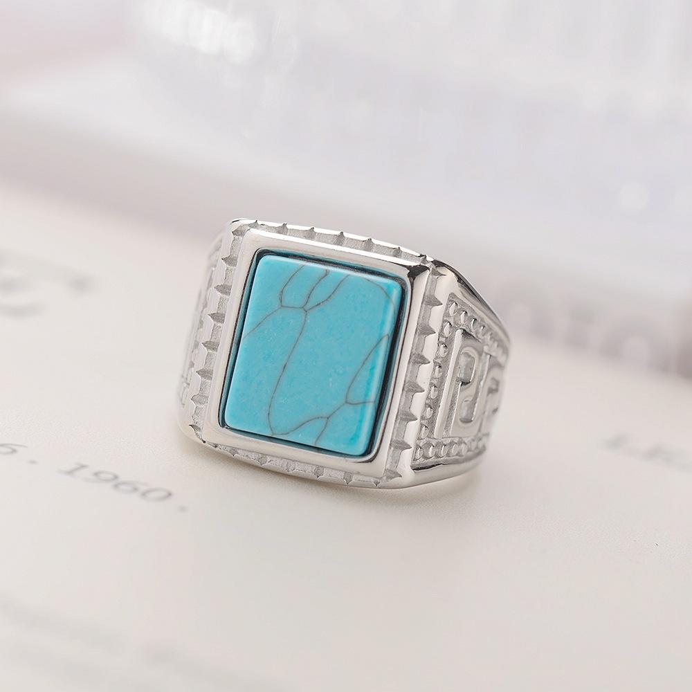 Turquoise Titanium Steel Ring Retro Micro-set Gemstone Stainless Steel Couple Ring Jewelry