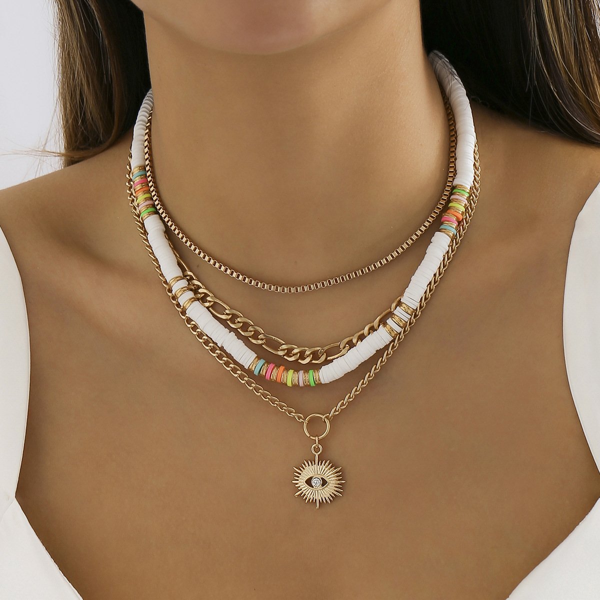 Jewelry Ethnic Soft Pottery Color Necklace Trendy Personality Metal Diamond Eye Pendant Necklace Female