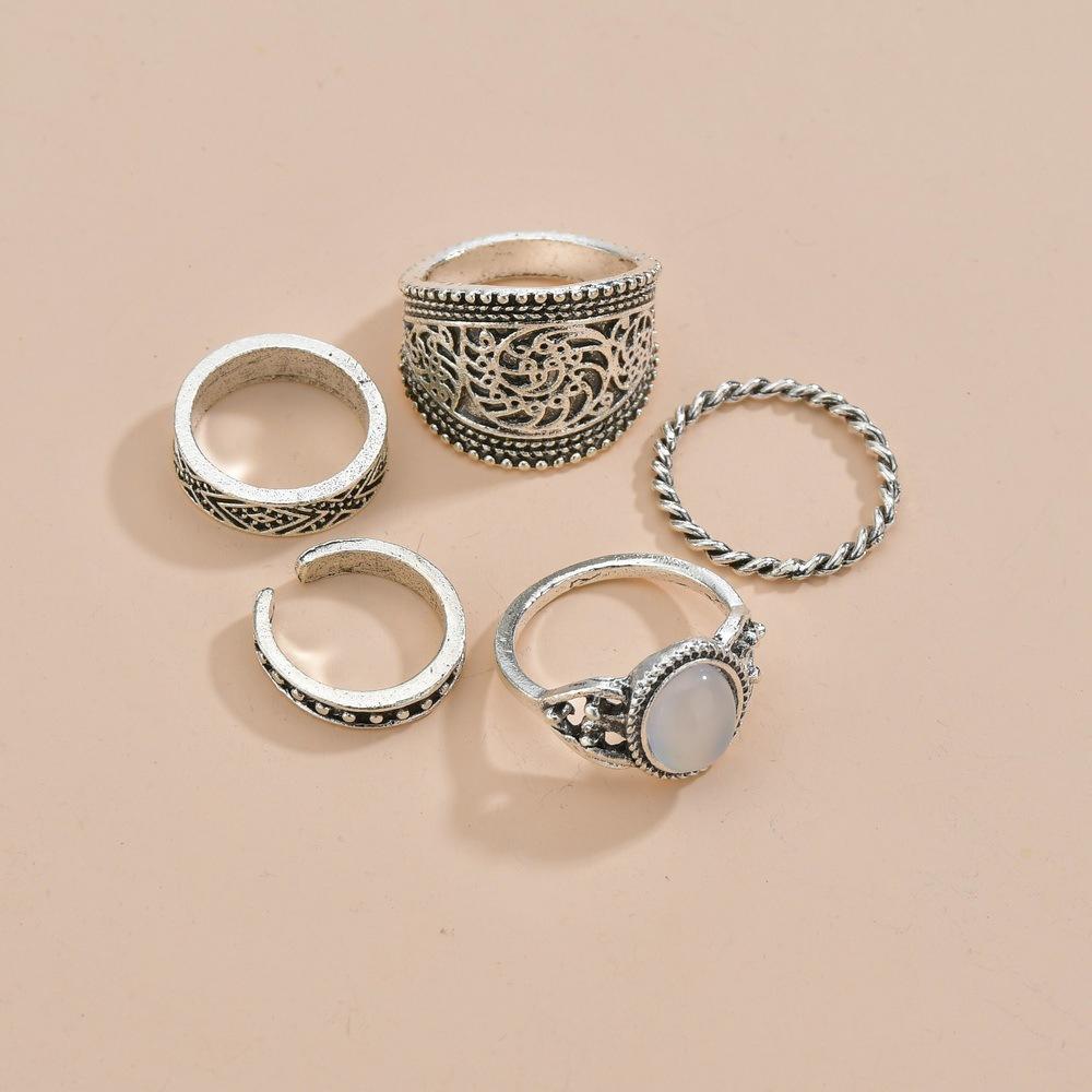 Fashion Resin Accessories Knuckle Ring Vintage Ethnic Alloy Pattern Ring Multi-Piece Set Accessories