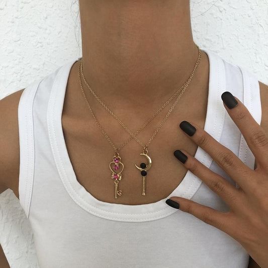 N9359 Fashion Beauty Girl Necklace Female Magic Wand Moon Glass Diamond Necklace Simple Geometric Necklace