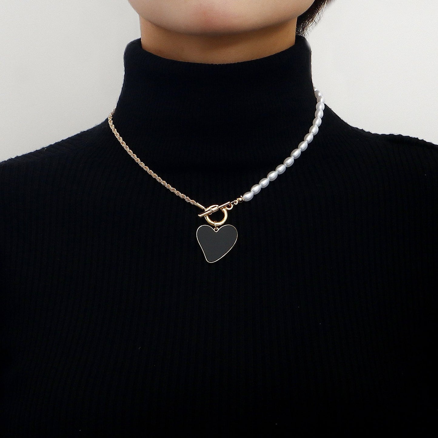 Jewelry trendy stitching half pearl twist chain black love mother-of-pearl necklace female sweater chain