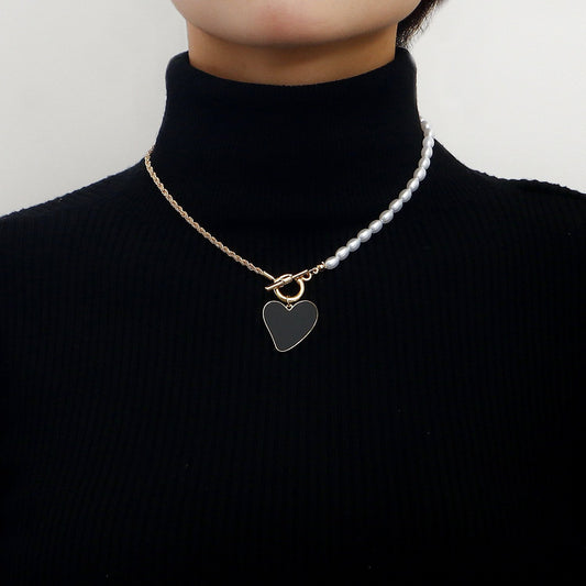 Jewelry trendy stitching half pearl twist chain black love mother-of-pearl necklace female sweater chain
