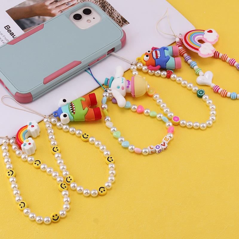 Simple monster rainbow non-slip bag chain cute cinnamon dog soft pottery mobile phone case anti-lost pendant pearl chain