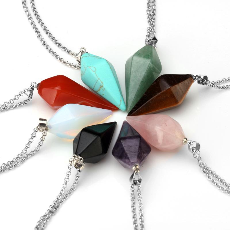 Fashion Natural Stone Crystal Hexagon Taper Pendant Clavicle Chain Necklace