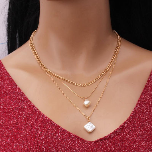 Sweater Chain Fashion Trend Chain Clavicle Chain Simple Pearl Pendant Three Layer Necklace