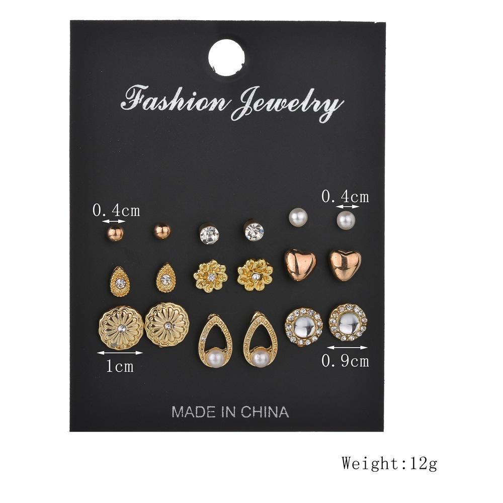 Popular Earrings Rhinestone Heart 9 Pairs Stud Earrings Set Combination