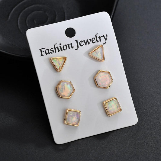 3-to-1 card imitation opal resin earrings personality simple geometric earrings set