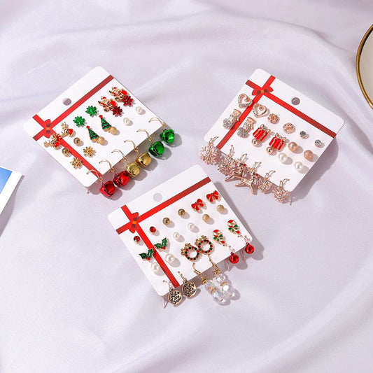 Christmas set earrings Santa Claus dripping oil earrings bells Christmas tree earrings 12-piece set card earrings