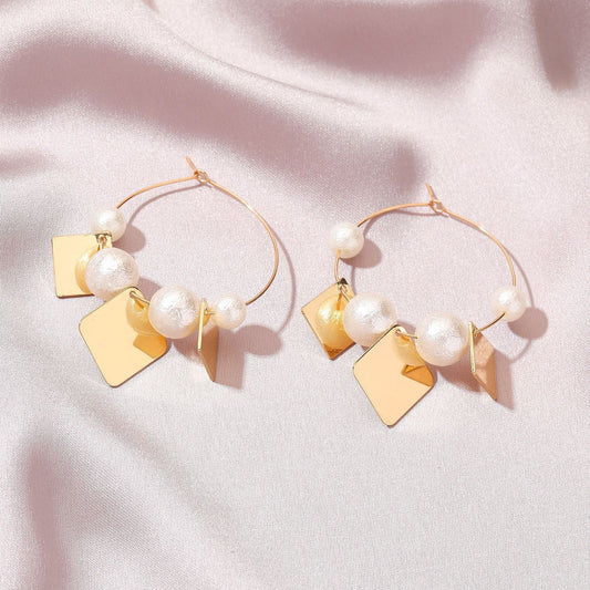 ins simple geometric pearl earrings French light luxury creative glossy square ear hanging net red exaggerated ear buckle