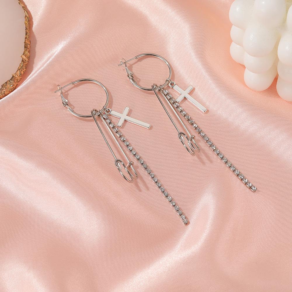 Internet celebrity with the same personality earrings hip-hop retro cross earrings punk rock long tassel pin earrings