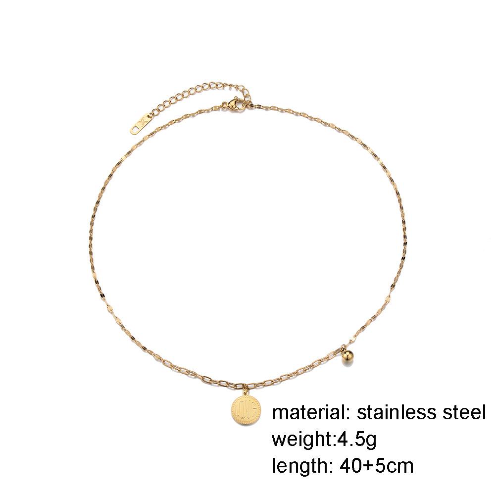 Fashionable stainless steel gold-plated pendant simple round plate LOVE letter pendant all-match small ball necklace