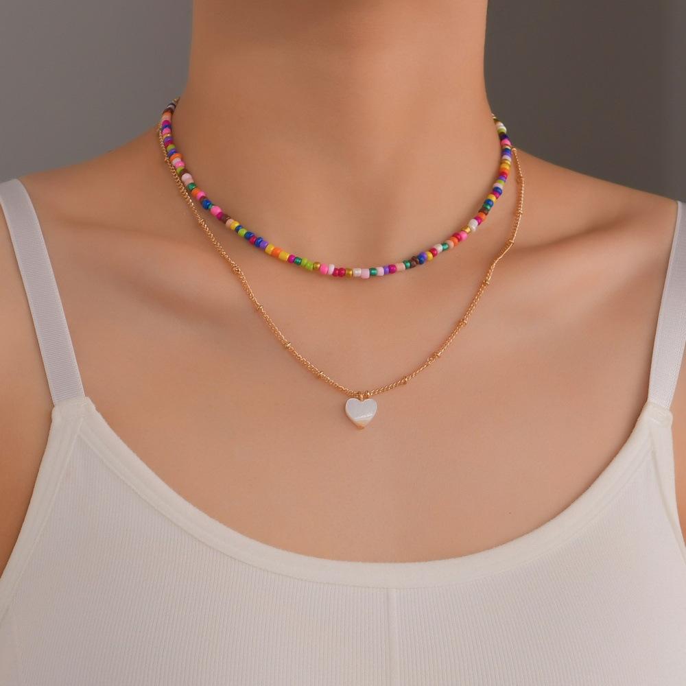 Fashion Shell Piece Heart Pendant Necklace Bohemian Rice Beads Clavicle Chain Necklace Accessories