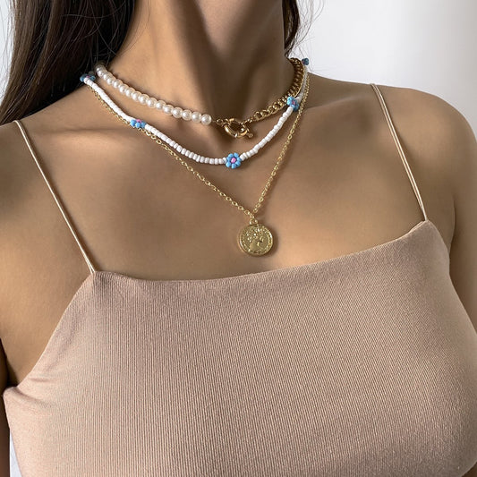 Bohemian Daisy Flower Rice Bead Necklace Retro Simple Metal Figure Imitation Pearl Necklace