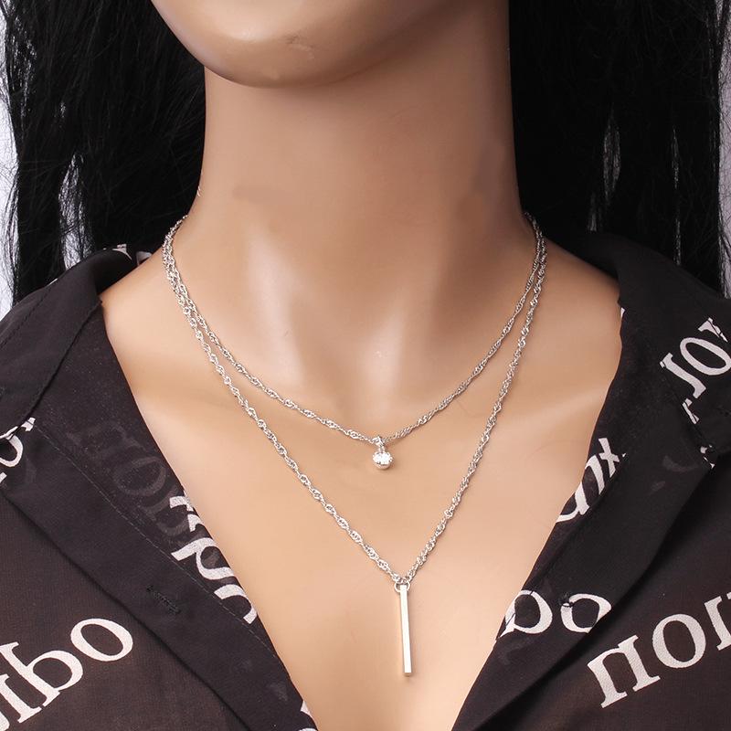 Simple Fashion Temperament Versatile Necklace Frosty Grid Metal Texture Double Layer Necklace Female Diamond Pendant Decoration