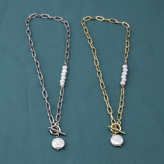 Jewelry Retro Metal Irregular OT Buckle Chain Necklace Versatile Pearl Advanced Sweater Chain